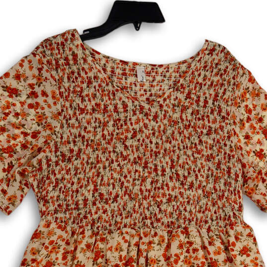 Womens White Orange Floral Pleated Smocked V-Neck Fit & Flare Dress Size 2X image number 3
