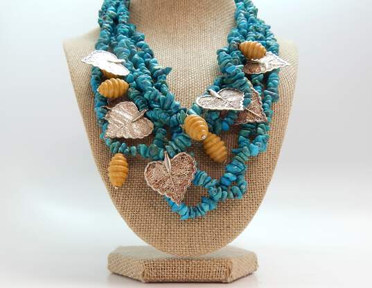 Designer Rosaline 925 Leaf Turquoise & Yellow Jade Multi Strand Choker Necklace image number 1