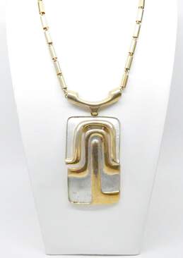 Vintage Pierre Cardin Goldtone & Silvertone Modernist Abstract Hinged Rectangle Statement Pendant Cylinder Chain Necklace 127.3g