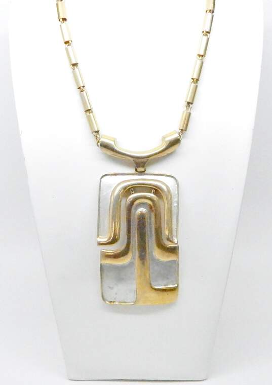 Vintage Pierre Cardin Goldtone & Silvertone Modernist Abstract Hinged Rectangle Statement Pendant Cylinder Chain Necklace 127.3g image number 1