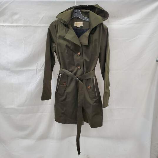 Michael Kors Dark Olive Hooded Trench Coat with Gray Zip in Lining Size Small image number 1