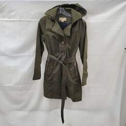 Michael Kors Dark Olive Hooded Trench Coat with Gray Zip in Lining Size Small