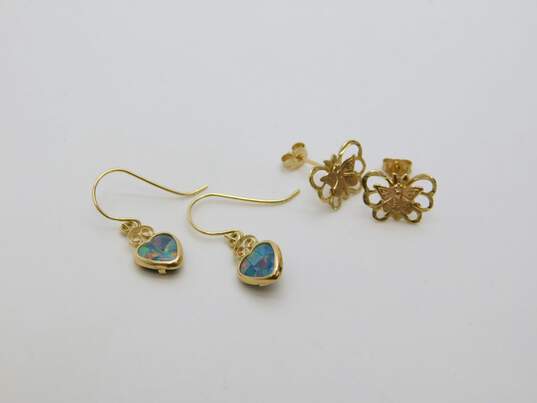 14K Yellow Gold Mosaic Opal Heart & Butterfly Stud Earrings 1.1g image number 1