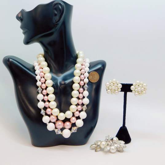 VNTG Icy Rhinestone & Faux Pearl Clip-On Earrings Necklaces & Brooch 129.4g image number 5