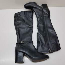 Black leather knee high heeled riding boots women's 7
