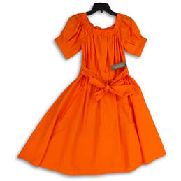 NWT Womens Orange Pleated Short Sleeve Tie Waist A-Line Dress Size M