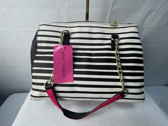Betsey Johnson Black and White Stripes w/Hot Pink Trim Satchel Bag image number 3