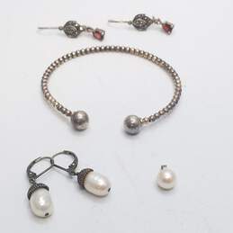 Sterling Silver FW Pearl Gemstone Pendant & Marcasite Earrings & 6.5inch Cuff Bracelet Bundle 4pcs. 13.4g