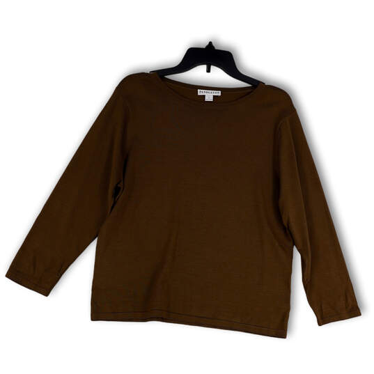 Womens Brown Knitted 3/4 Sleeve Crew Neck Pullover T-Shirt Size Large image number 1