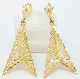 14K Gold Etched & Spun Scrolled Filigree Pointed Drop Post Earrings 4.5g