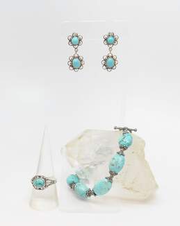 Artisan 925 Southwestern Faux Turquoise Cabochon Flower Drop Post Earrings Granulated Ring & Beaded Toggle Bracelet Set 37.6g