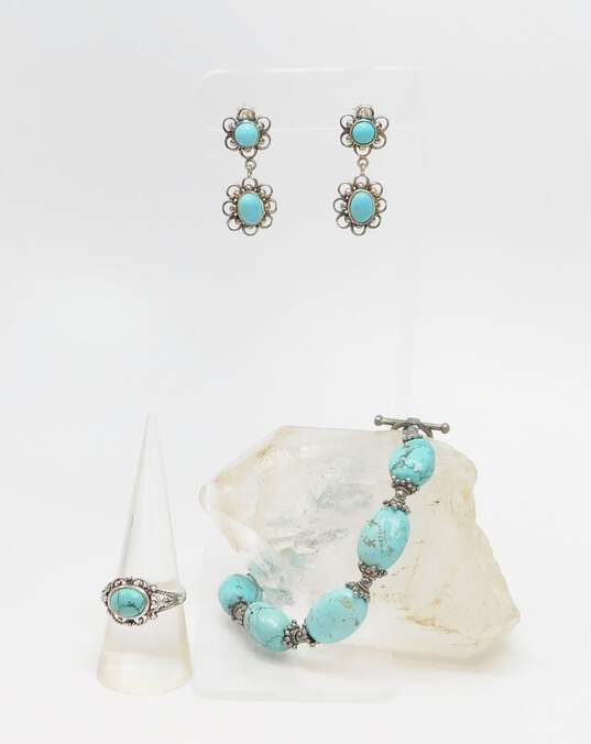 Artisan 925 Southwestern Faux Turquoise Cabochon Flower Drop Post Earrings Granulated Ring & Beaded Toggle Bracelet Set 37.6g image number 1