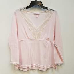 Womens Pink Lace V-Neck 3/4 Sleeve Pullover Blouse Top Size Large
