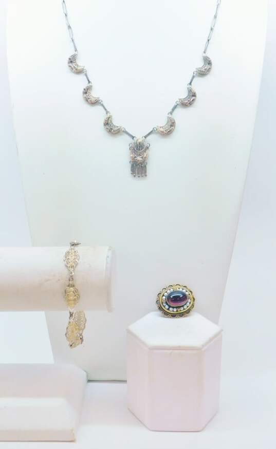 Vintage Spun Sterling Silver Necklace & Bracelet & Purple Glass Faux Pearl Brooch 20.5g image number 1