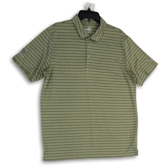 Mens Green Striped Spread Collar Short Sleeve Polo Shirt Size Large image number 1
