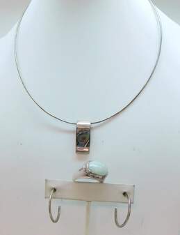 CFJ & FAS Artisan 925 Wavy Abalone Pendant Collar Necklace Hammered Hoop Earrings & Scrolled Jadeite Ring 22.2g