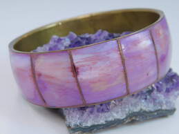 Artisan India Brass & Silvertone Pink & Purple Mother of Pearl Shell Inlay Thin & Wide Stacking Bangle Bracelets 91g alternative image