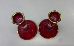 Vintage Sc Lead Crystal Cranberry Red Gold Rim Pair of Tapered Candle Holders alternative image