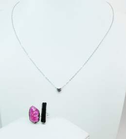 Contemporary 925 Heart Slide Pendant Chain Necklace & Pink & Onyx & Pink Calcite Unique Ring 12.2g