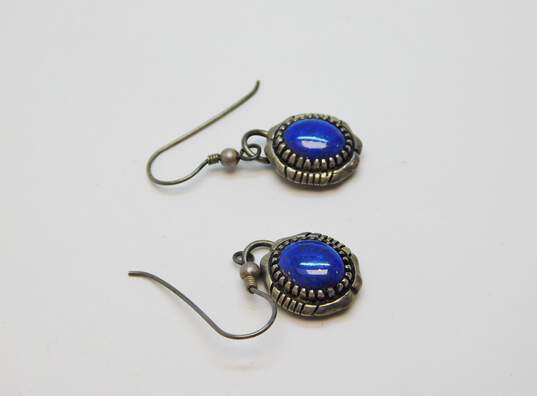 Signed J Rogers 925 Southwestern Lapis Lazuli Cabochon Notched Drop Earrings 7.5g image number 3
