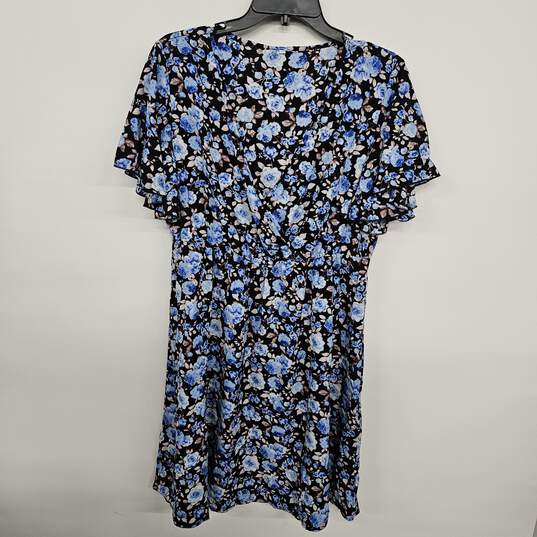 Blue Sheer Floral Print V Neck Flowy Dress image number 1