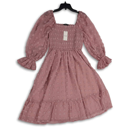 NWT Womens Pink Smocked Square Neck Long Sleeve Fit & Flare Dress Size M image number 2