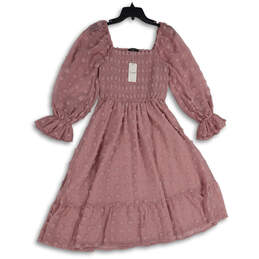 NWT Womens Pink Smocked Square Neck Long Sleeve Fit & Flare Dress Size M alternative image