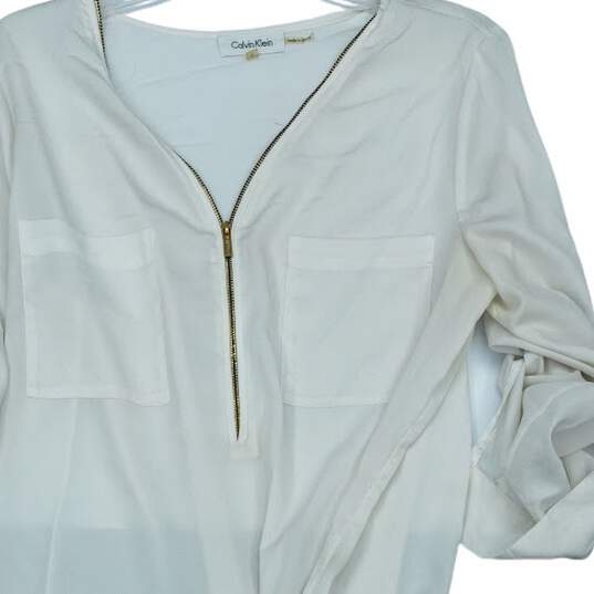 Womens White Roll Tab Sleeve Front Pockets 1/4 Zip Blouse Top Size Medium image number 3