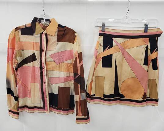 1960s Vintage Emilio Pucci Saks Geometric Print Cotton Blouse Size 8 & Skirt Set image number 1