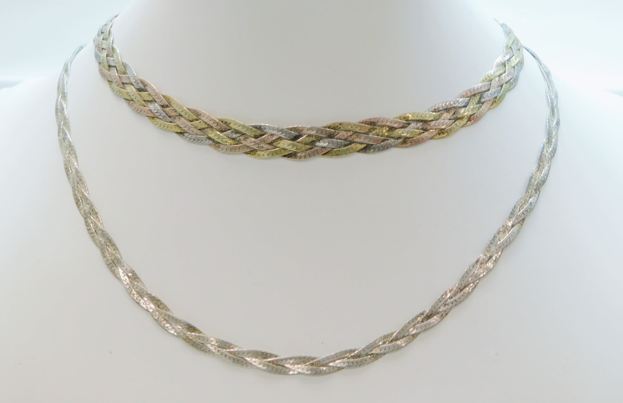 Mixed Metal Braided Woven Herringbone Chain Necklace Vintage Classic