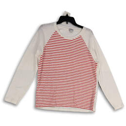 Womens White Red Striped Round Neck Raglan Sleeve Pullover T-Shirt Size L