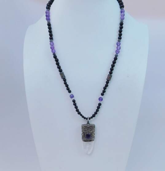 Artisan 925 Clear Quartz, Amethyst & Onyx Locket Pendant Necklace image number 1