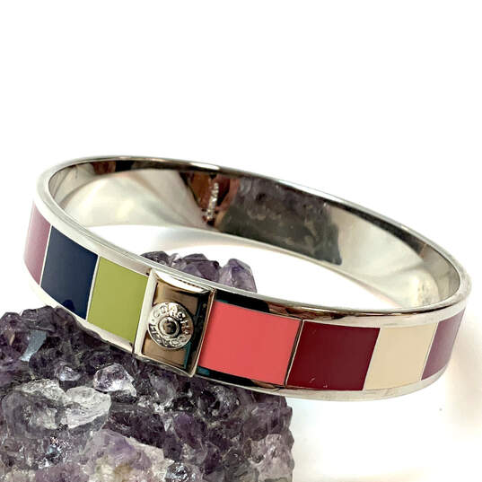 Designer Coach Silver-Tone Multicolor Enamel Round Bangle Bracelet image number 1