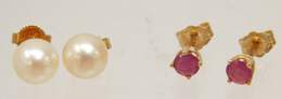 14K Yellow Gold Ruby & White Pearl Post Earrings Variety 2.0g