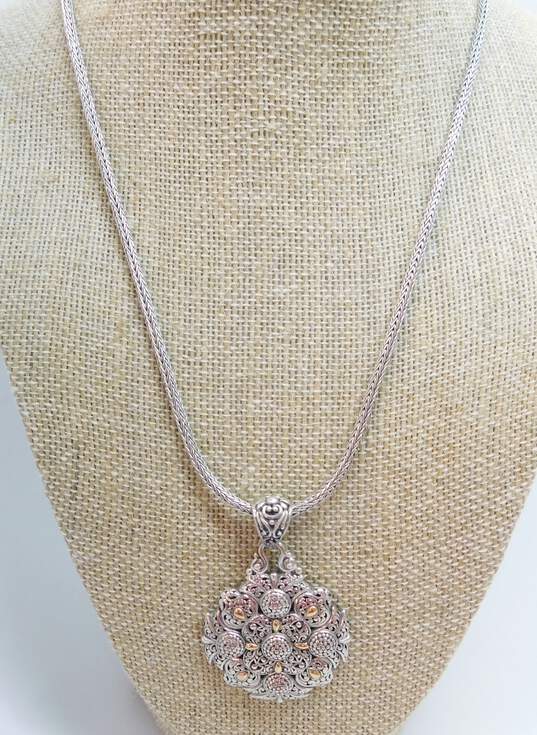 Sarda 925 & 18K Gold Scrolled Granulated & Domed Pendant Foxtail Chain Necklace image number 1