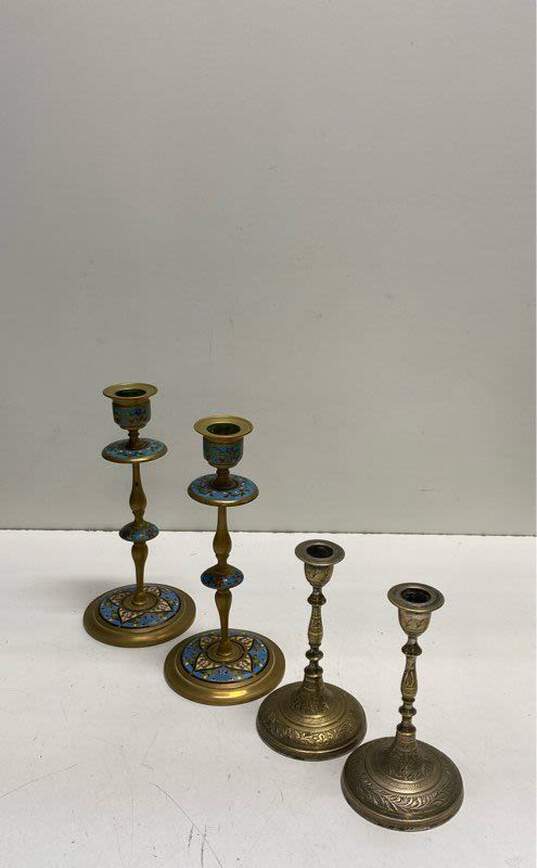 Brass and Bronze Set of 4 Candlesticks Metal Enamel Candle Holders image number 8