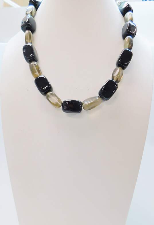 925 Geometric Smoky Quartz and Oval Shaped Glass Beaded Necklace image number 1