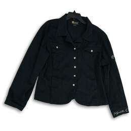 Christine Alexander Womens Black Long Sleeve Button Front Denim Jacket Size XL