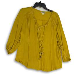 NWT Womens Mustard Yellow Tasseled 3/4 Sleeve V-Neck Blouse Top Size Large