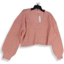 NWT Womens Pink Knitted Long Sleeve V-Neck Cropped Pullover Sweater Size L