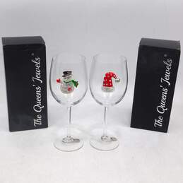 The Queens Jewels Pair Of Christmas Themed Rhinestone Jeweled Wine Glasses IOB