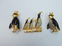 Vintage Goldtone Rhinestones & Enamel Penguins In Hats Brooches Variety