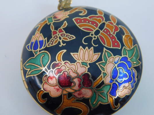 Artisan Goldtone Cloisonne Colorful Enamel Flowers & Butterflies Locket Pendant & Cherry Blossom & Lily Post Earrings 52.9g image number 2