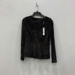 NWT Womens Black Gold Animal Print Long Sleeve V-Neck Blouse Tops Size 10