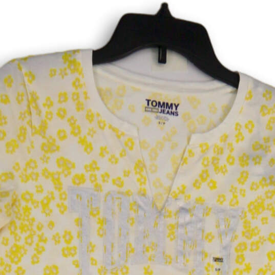 Womens White Yellow Floral Short Sleeve Split Neck Pullover T-Shirt Size S image number 3