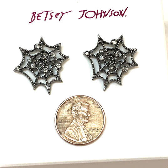 Designer Betsey Johnson Silver-Tone Spider Net Stud Earrings With Case image number 2