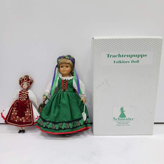 Pair Schneider Porcelain Trachtenpuppe Folklore Dolls IOB image number 1