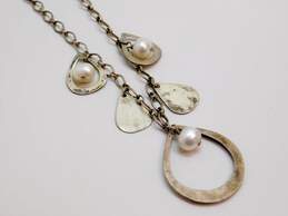 Artisan 925 Brushed Open Teardrops & Faux Pearls Pendant Necklace Stamped Lines Fan Hoop Earrings & Ring 22.7g alternative image