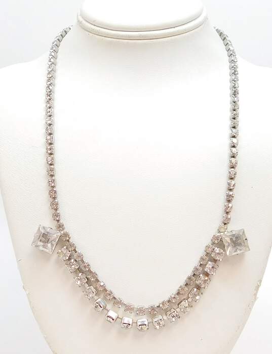 Vintage Silvertone Icy Rhinestones Chain Collar Necklace & Matching Cluster & Tassel Drop Screw Back Earrings 27g image number 3