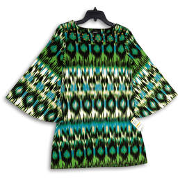 NWT Womens Green Black Aztec Boat Neck Bell Sleeve Mini Dress Size S